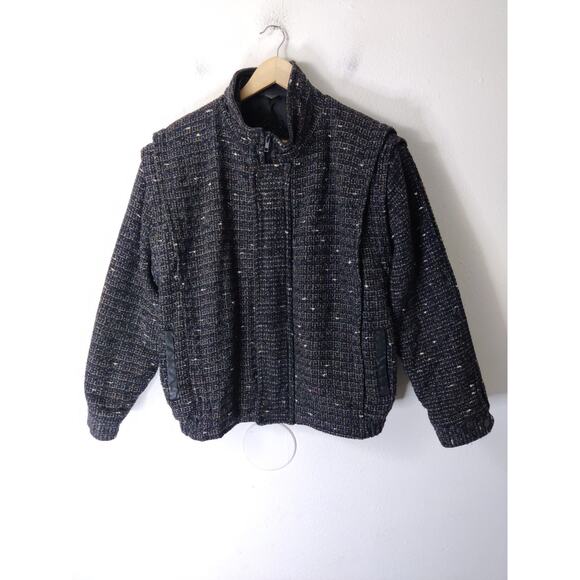 Vintage COSI Black Wool Blend Zip Front Long Sleeve Tweed Jacket Size L - Picture 1 of 12